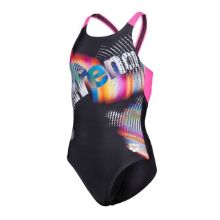 Arena Girl Lit Logo Swimsuit V Back Black - Shocking Pink