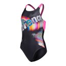 Arena Girl Lit Logo Swimsuit V Back Black - Shocking Pink