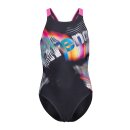 Arena Girl Lit Logo Swimsuit V Back Black - Shocking Pink