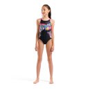 Arena Girl Lit Logo Swimsuit V Back Black - Shocking Pink